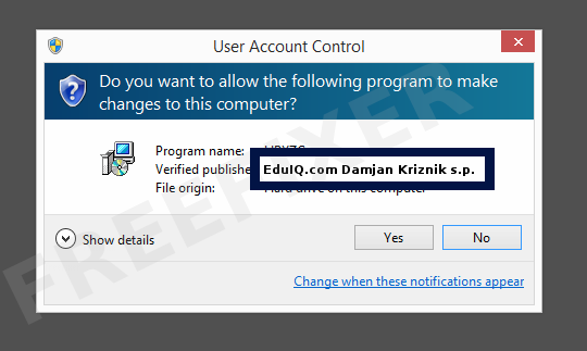 Screenshot where EduIQ.com Damjan Kriznik s.p. appears as the verified publisher in the UAC dialog
